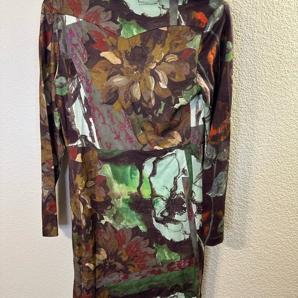 Virna Dro Abstract Floral Print Button Front Shirt Dress Tunic Green Brown